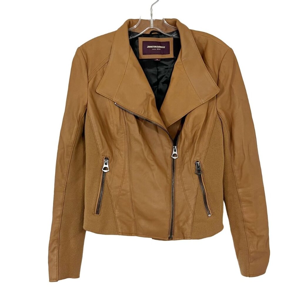 Johnston &‎ Murphy Women's Brown Leather Moto Jacket Rib Contrast - Size Medium